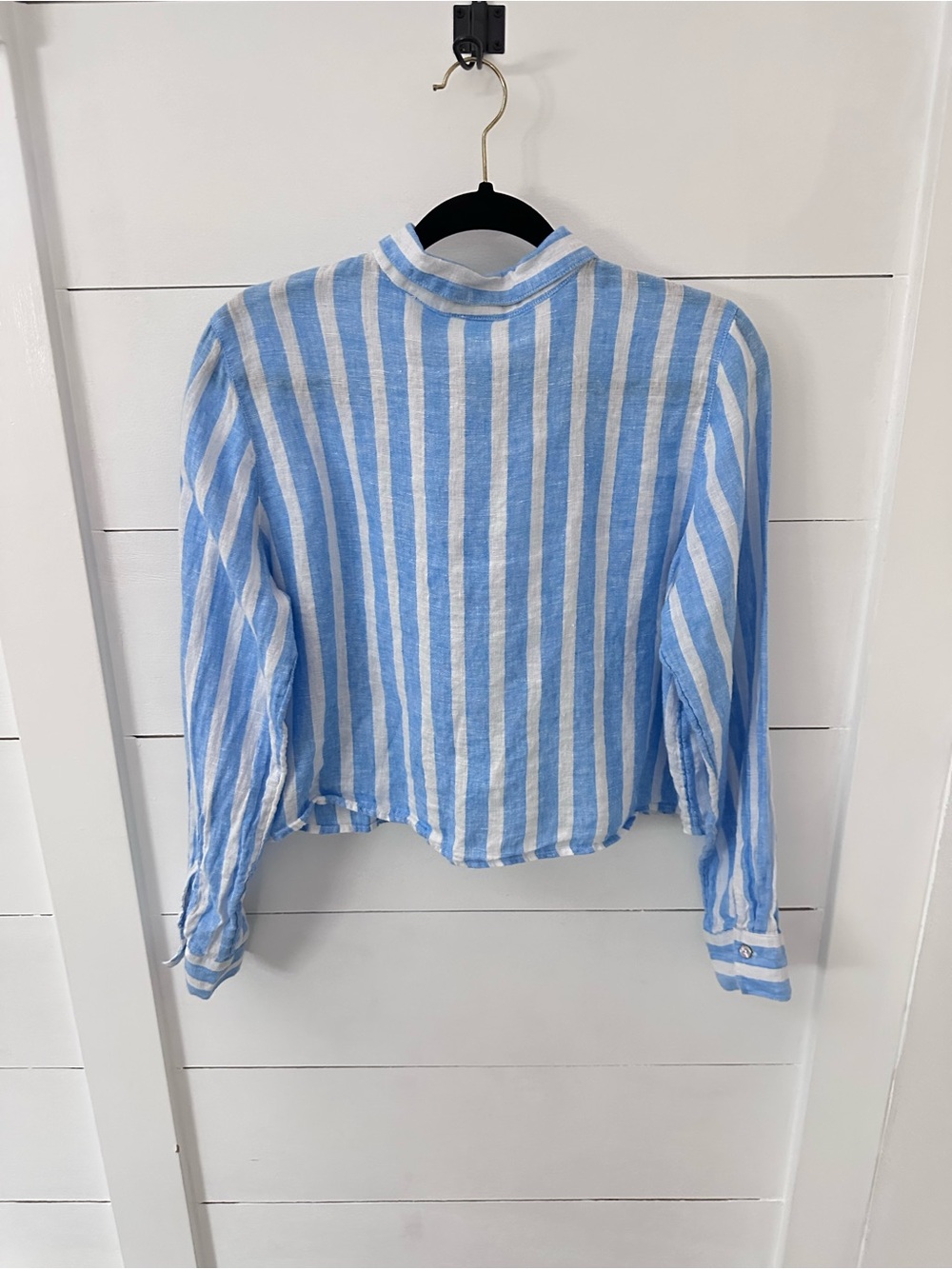 Cynthia Rowley M Linen blue-white stripe long sleeve cottagecore coastal blouse - Picture 3 of 13